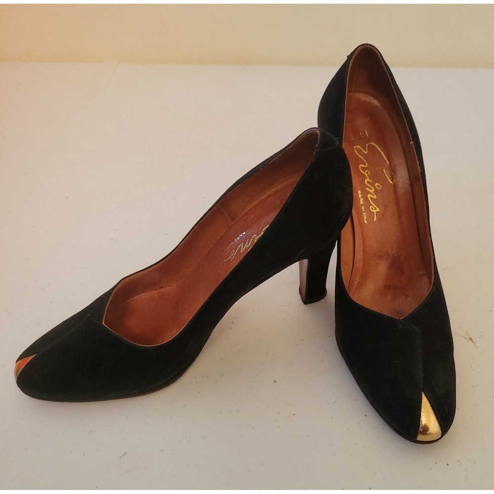 Bali Evins Shoes Heels Sz 6 Black Suede Velvet Gold Metallic Accents Italy